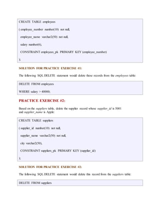 CREATE TABLE employees 
( employee_number number(10) not null, 
employee_name varchar2(50) not null, 
salary number(6), 
CONSTRAINT employees_pk PRIMARY KEY (employee_number) 
); 
SOLUTION FOR PRACTICE EXERCISE #1: 
The following SQL DELETE statement would delete these records from the employees table: 
DELETE FROM employees 
WHERE salary > 40000; 
PRACTICE EXERCISE #2: 
Based on the suppliers table, delete the supplier record whose supplier_id is 5001 
and supplier_name is Apple: 
CREATE TABLE suppliers 
( supplier_id number(10) not null, 
supplier_name varchar2(50) not null, 
city varchar2(50), 
CONSTRAINT suppliers_pk PRIMARY KEY (supplier_id) 
); 
SOLUTION FOR PRACTICE EXERCISE #2: 
The following SQL DELETE statement would delete this record from the suppliers table: 
DELETE FROM suppliers 
 