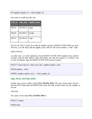 ON suppliers.supplier_id = orders.supplier_id; 
Our result set would look like this: 
order_id order_date supplier_name 
500125 2013/08/12 Apple 
500126 2013/08/13 Google 
500127 2013/08/14 <null> 
The row for 500127 (order_id) would be included because a RIGHT OUTER JOIN was used. 
However, you will notice that the supplier_name field for that record contains a <null> value. 
OLD SYNTAX 
As a final note, it is worth mentioning that the RIGHT OUTER JOIN example above could be 
rewritten using the older implicit syntax that utilizes the outer join operator (+) as follows (but 
we still recommend using the RIGHT OUTER JOIN keyword syntax): 
SELECT orders.order_id, orders.order_date, suppliers.supplier_name 
FROM suppliers, orders 
WHERE suppliers.supplier_id(+) = orders.supplier_id; 
SQL FULL OUTER JOIN 
Another type of join is called a SQL FULL OUTER JOIN. This type of join returns all rows 
from the LEFT-hand table and RIGHT-hand table with nulls in place where the join condition is 
not met. 
SYNTAX 
The syntax for the SQL FULL OUTER JOIN is: 
SELECT columns 
FROM table1 
 