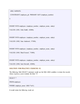 salary number(6), 
CONSTRAINT employees_pk PRIMARY KEY (employee_number) 
); 
INSERT INTO employees (employee_number, employee_name, salary) 
VALUES (1001, 'John Smith', 62000); 
INSERT INTO employees (employee_number, employee_name, salary) 
VALUES (1002, 'Jane Anderson', 57500); 
INSERT INTO employees (employee_number, employee_name, salary) 
VALUES (1003, 'Brad Everest', 71000); 
INSERT INTO employees (employee_number, employee_name, salary) 
VALUES (1004, 'Jack Horvath', 42000); 
SOLUTION FOR PRACTICE EXERCISE #2: 
The following SQL SELECT statement would use the SQL LIKE condition to return the records 
whose employee_name contains the letter "s". 
SELECT * 
FROM employees 
WHERE employee_name LIKE '%s%'; 
It would return the following result set: 
 