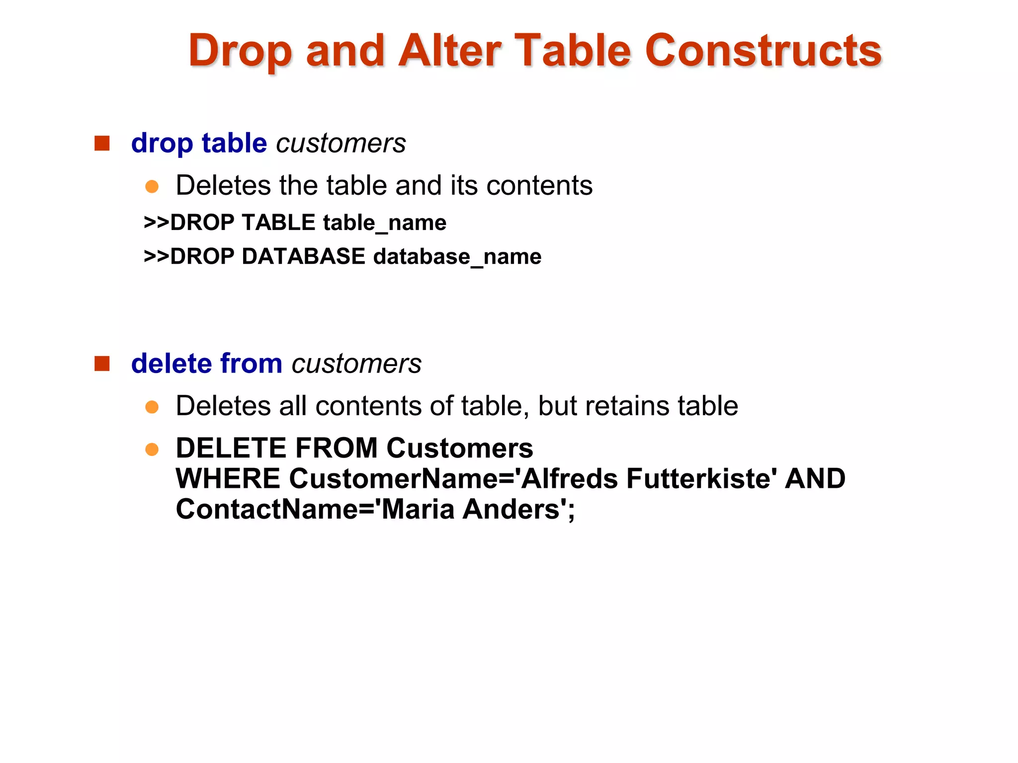 Drop and Alter Table Constructs 
 drop table customers 
 Deletes the table and its contents 
>>DROP TABLE table_name 
>>DROP DATABASE database_name 
 delete from customers 
 Deletes all contents of table, but retains table 
 DELETE FROM Customers 
WHERE CustomerName='Alfreds Futterkiste' AND 
ContactName='Maria Anders'; 
 