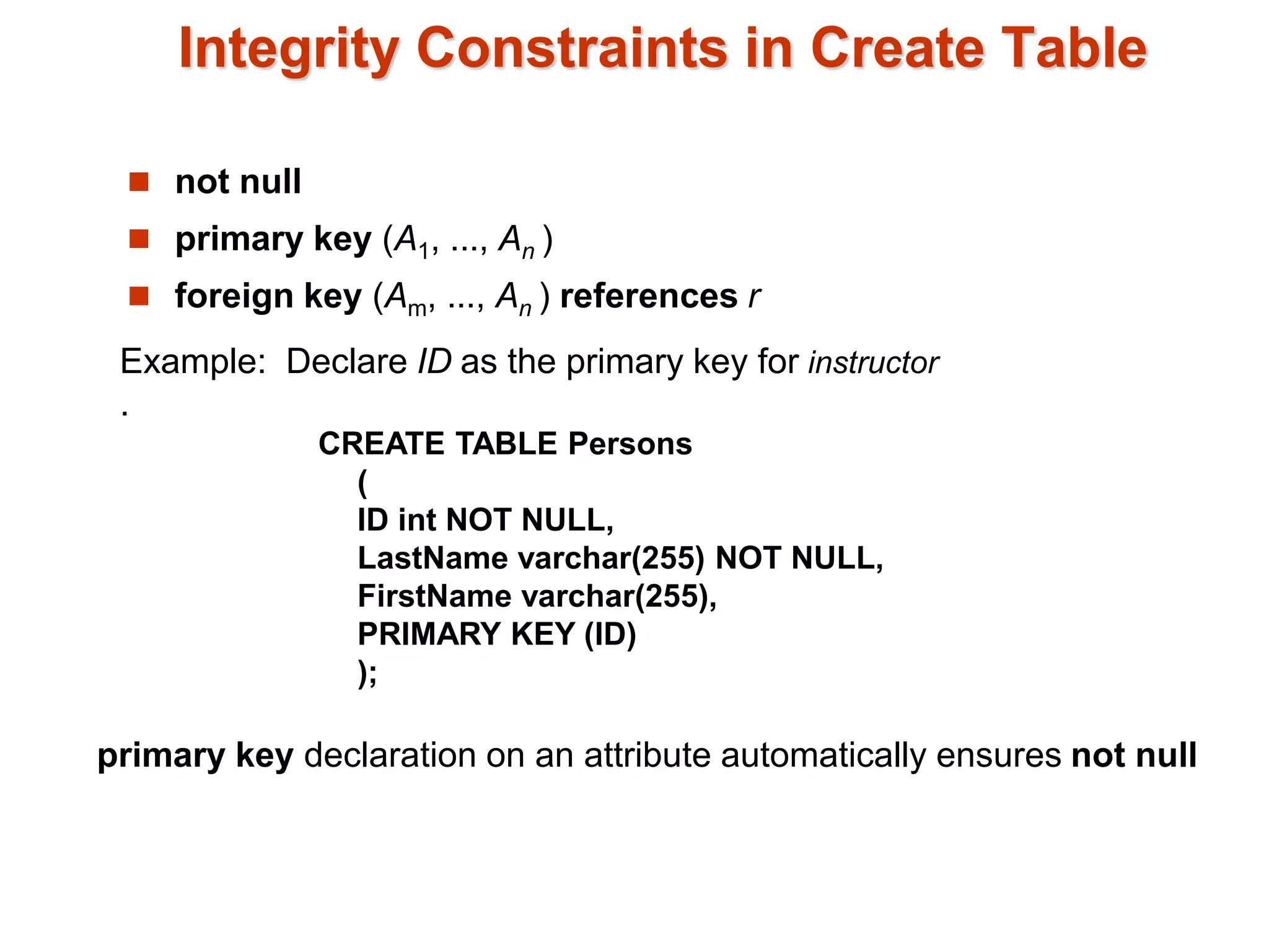 Integrity Constraints in Create Table 
 not null 
 primary key (A1, ..., An ) 
 foreign key (Am, ..., An ) references r 
Example: Declare ID as the primary key for instructor 
. 
CREATE TABLE Persons 
( 
ID int NOT NULL, 
LastName varchar(255) NOT NULL, 
FirstName varchar(255), 
PRIMARY KEY (ID) 
); 
primary key declaration on an attribute automatically ensures not null 
 