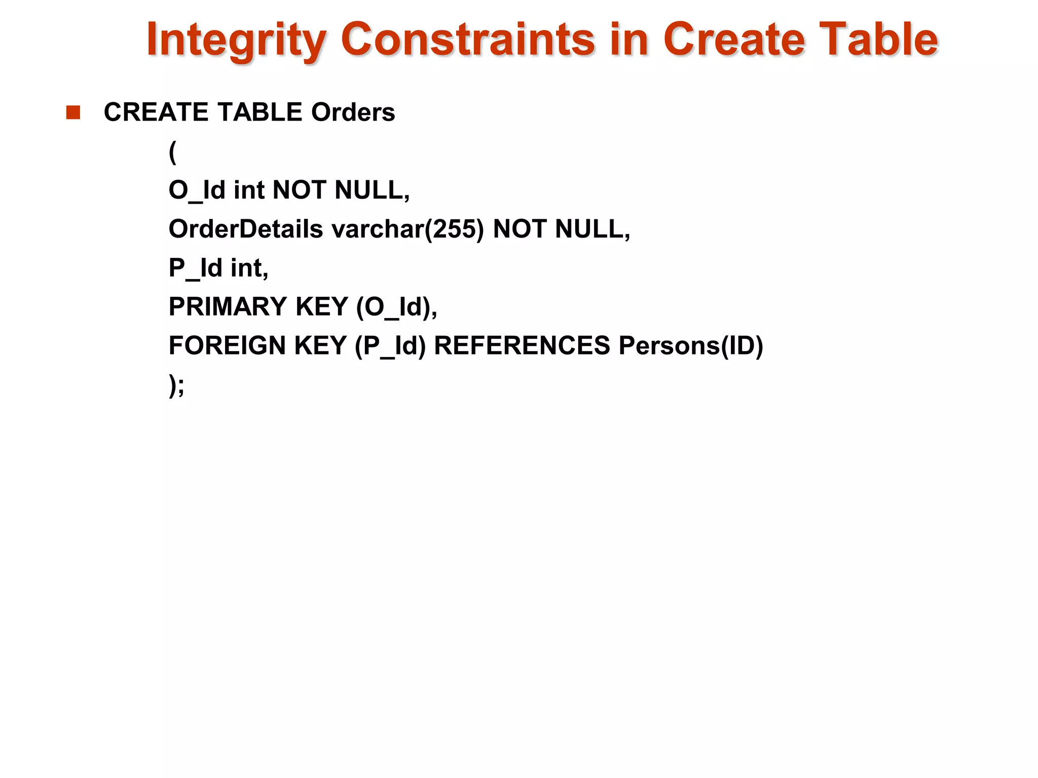 Integrity Constraints in Create Table 
 CREATE TABLE Orders 
( 
O_Id int NOT NULL, 
OrderDetails varchar(255) NOT NULL, 
P_Id int, 
PRIMARY KEY (O_Id), 
FOREIGN KEY (P_Id) REFERENCES Persons(ID) 
); 
 
