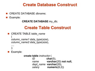 Create Database Construct 
 CREATE DATABASE dbname; 
 Example: 
CREATE DATABASE my_db; 
Create Table Construct 
 CREATE TABLE table_name 
( 
column_name1 data_type(size), 
column_name2 data_type(size), 
.... 
); 
 Example: 
create table instructor ( 
ID char(5), 
name varchar(20) not null, 
dept_name varchar(20), 
salary numeric(8,2)) 
 