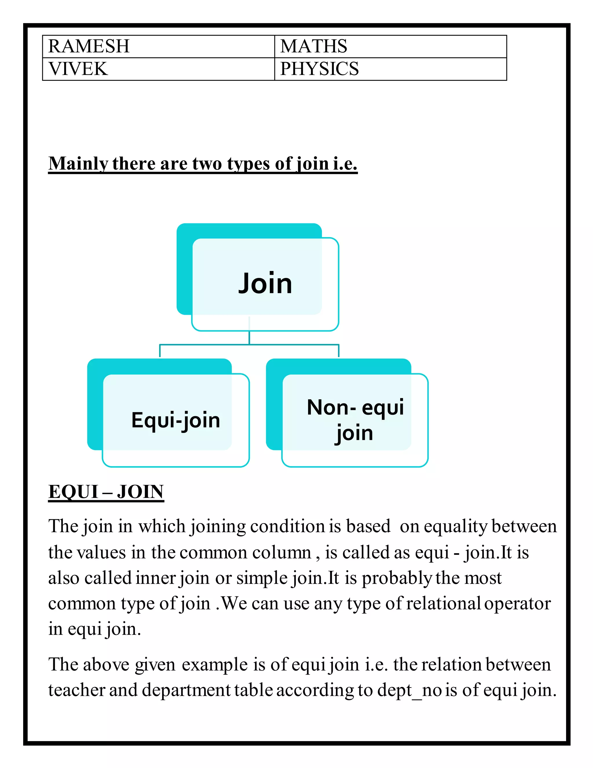 RAMESH MATHS
VIVEK PHYSICS
Mainly there are two types of join i.e.
EQUI – JOIN
The join in which joining condition is based on equality between
the values in the common column , is called as equi - join.It is
also called inner join or simple join.It is probablythe most
common type of join .We can use any type of relationaloperator
in equi join.
The above given example is of equi join i.e. the relation between
teacher and department tableaccording to dept_nois of equi join.
Join
Equi-join
Non- equi
join
 