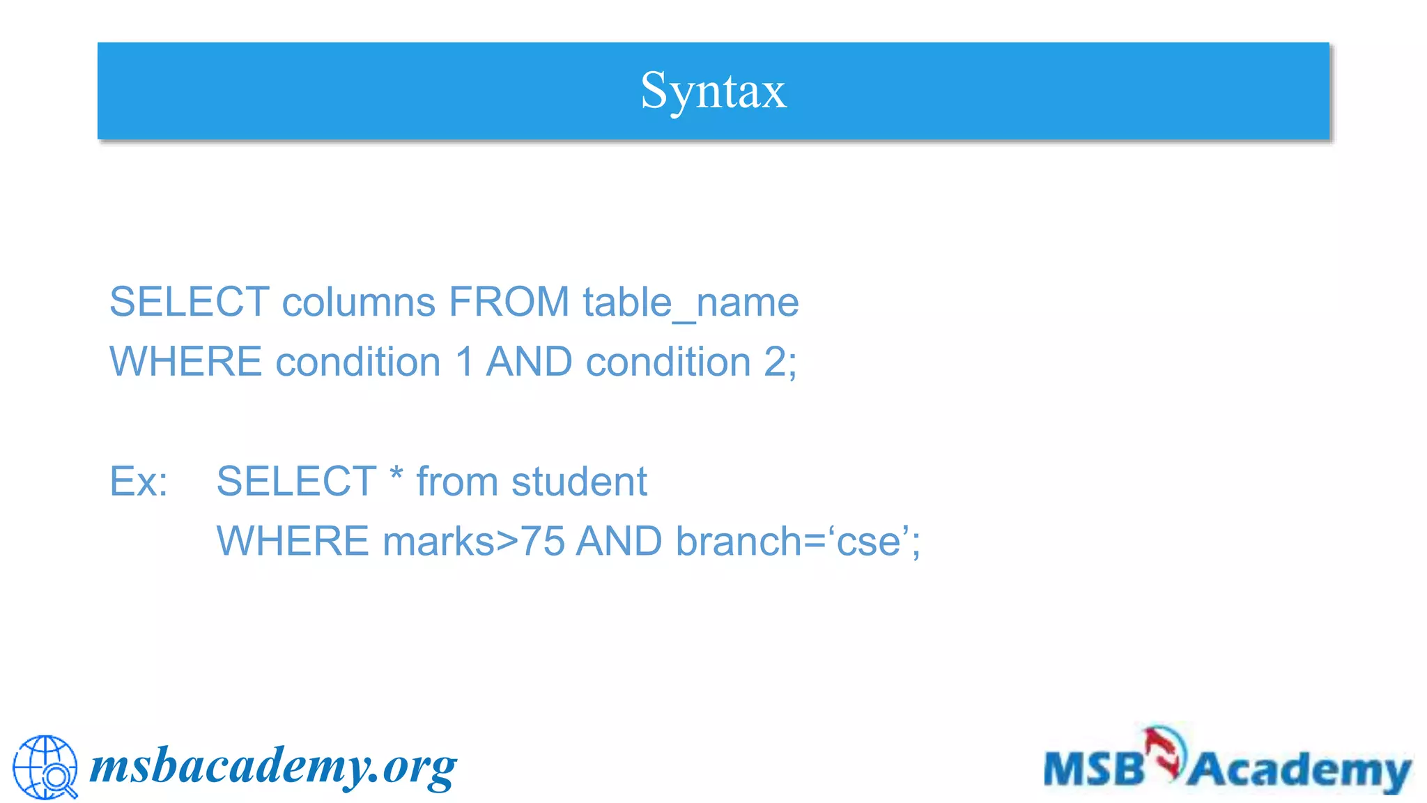Where conditions and Operators in SQL | PPT