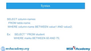 msbacademy.org
Syntax
SELECT column-names
FROM table-name
WHERE column-name BETWEEN value1 AND value2;
Ex: SELECT * FROM student
WHERE marks BETWEEN 60 AND 75;
 