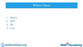 msbacademy.org
Where Clause
1. Where
2. AND
3. OR
4. Like
 