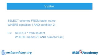 msbacademy.org
Syntax
SELECT columns FROM table_name
WHERE condition 1 AND condition 2;
Ex: SELECT * from student
WHERE marks>75 AND branch=‘cse’;
 