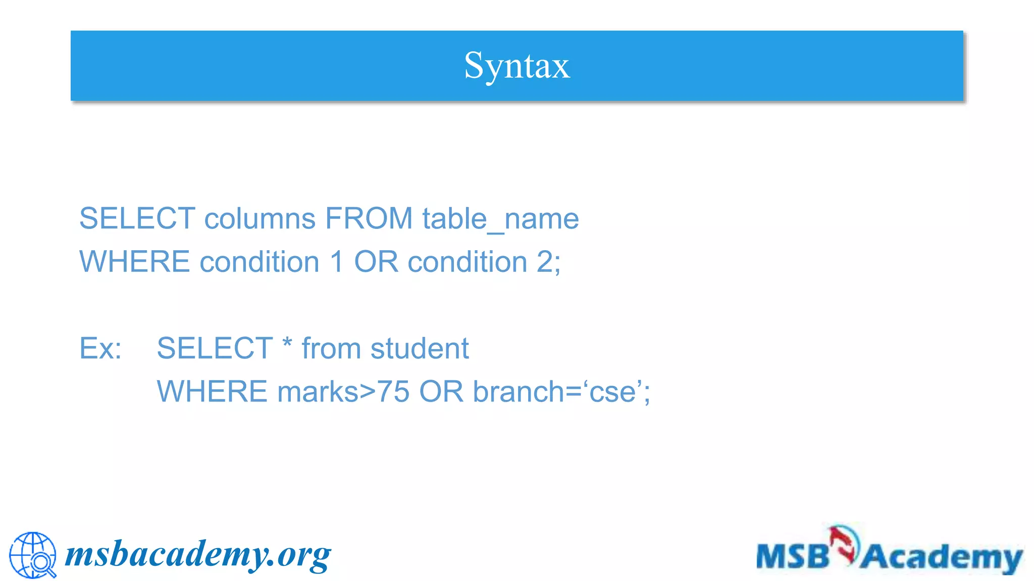Where conditions and Operators in SQL | PPTX