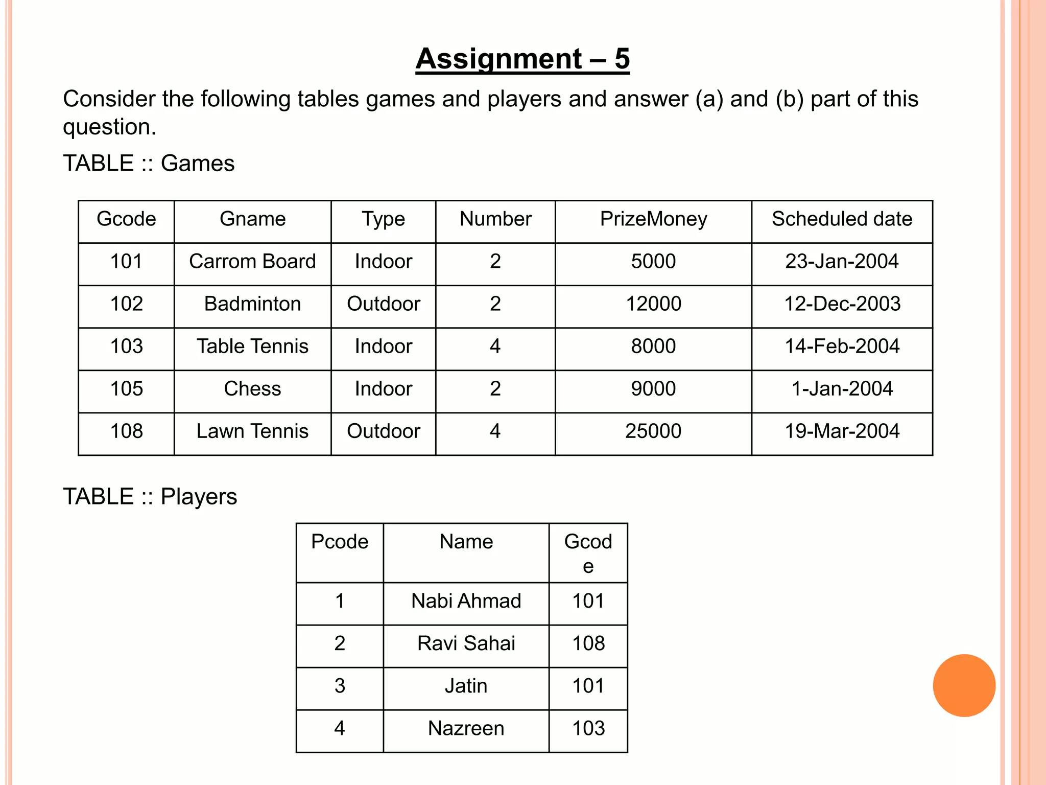 Assignment – 5
Consider the following tables games and players and answer (a) and (b) part of this
question.
TABLE :: Games
TABLE :: Players
Gcode Gname Type Number PrizeMoney Scheduled date
101 Carrom Board Indoor 2 5000 23-Jan-2004
102 Badminton Outdoor 2 12000 12-Dec-2003
103 Table Tennis Indoor 4 8000 14-Feb-2004
105 Chess Indoor 2 9000 1-Jan-2004
108 Lawn Tennis Outdoor 4 25000 19-Mar-2004
Pcode Name Gcod
e
1 Nabi Ahmad 101
2 Ravi Sahai 108
3 Jatin 101
4 Nazreen 103
 