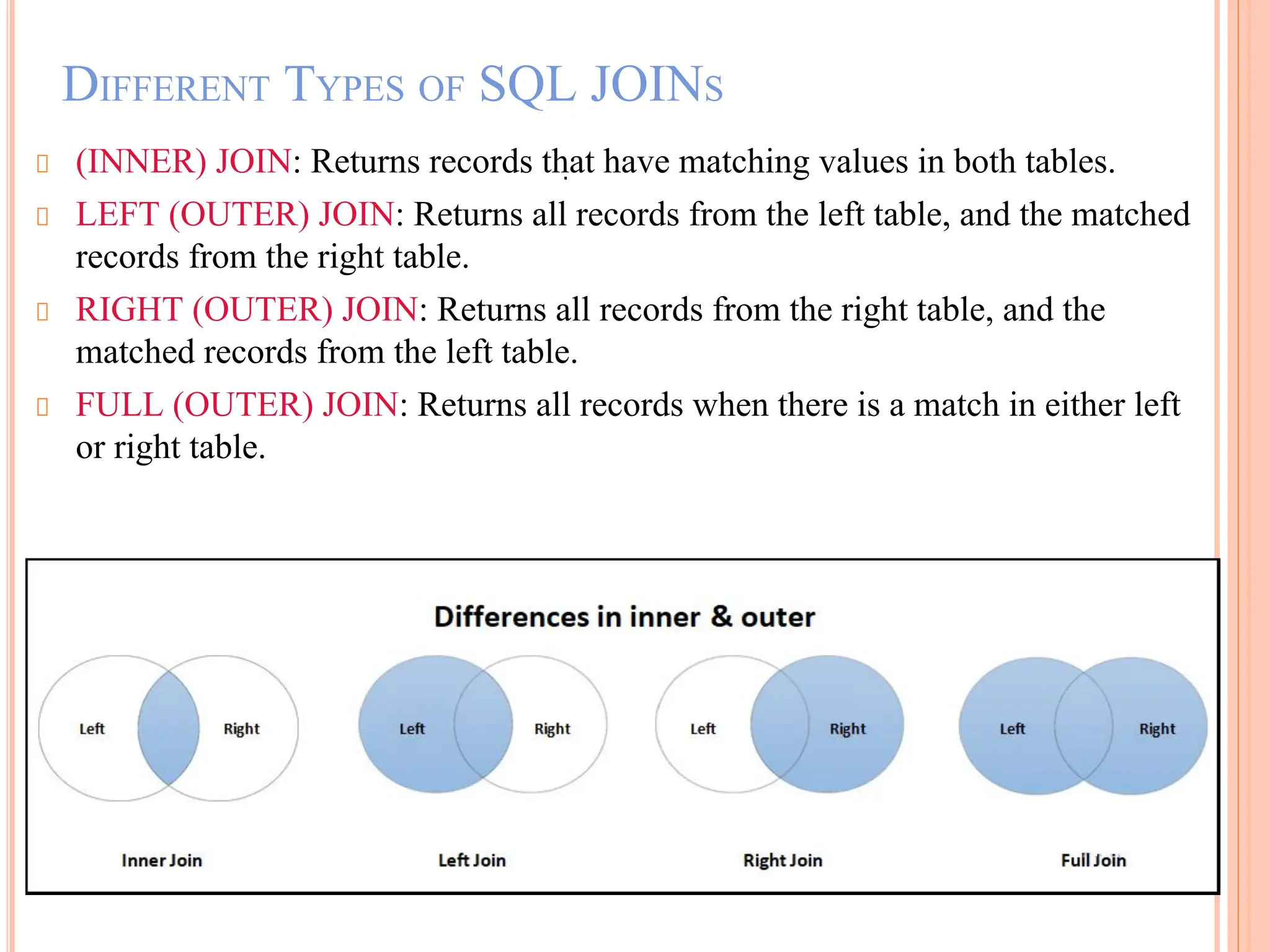 DIFFERENT TYPES OF SQL JOINS
(INNER) JOIN: Returns records that have matching values in both tables.
LEFT (OUTER) JOIN: Returns all records from the left table, and the matched
records from the right table.
RIGHT (OUTER) JOIN: Returns all records from the right table, and the
matched records from the left table.
FULL (OUTER) JOIN: Returns all records when there is a match in either left
or right table.
.
 