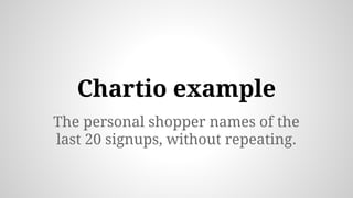 The personal shopper names of the
last 20 signups, without repeating.
Chartio example
 