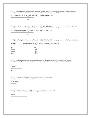 22.SQL> select round(max(months_between(sysdate,dob)/12)) from programmer where sex='male';

ROUND(MAX(MONTHS_BETWEEN(SYSDATE,DOB)/12))
------------------------------------------
                              34



23.SQL> select round(avg(months_between(sysdate,dob)/12)) from programmer where sex='female';

ROUND(AVG(MONTHS_BETWEEN(SYSDATE,DOB)/12))
------------------------------------------
                              31


24.SQL> select pname,trunc(months_between(sysdate,doj)/12) from programmer order by pname desc;

PNAME                  TRUNC(MONTHS_BETWEEN(SYSDATE,DOJ)/12)
-------------------- -------------------------------------
sri                                        15
shalini                                      14
harini                                       13
ferdy                                        22



25.SQL> select pname from programmer where to_char(dob,'mon')=to_char(sysdate,'mon');


PNAME
--------------------
ferdy



26.SQL> select count(*) from programmer where sex='female';

  COUNT(*)
----------
       2


27.SQL> select distinct(prof1) from programmer where sex='male';

PROF1
------------------------------
c
c++
 