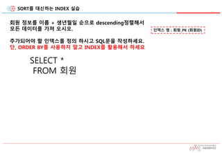 SORT를 대신하는 INDEX 실습
회원 정보를 이름 + 생년월일 순으로 descending정렬해서
모든 데이터를 가져 오시오.
추가되어야 할 인덱스를 정의 하시고 SQL문을 작성하세요.
단, ORDER BY를 사용하지 말고 INDEX를 활용해서 하세요
인덱스 명 : 회원_PK (회원ID)
SELECT *
FROM 회원
 