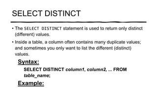 SQL-Alter Table, SELECT DISTINCT & WHERE | PPT