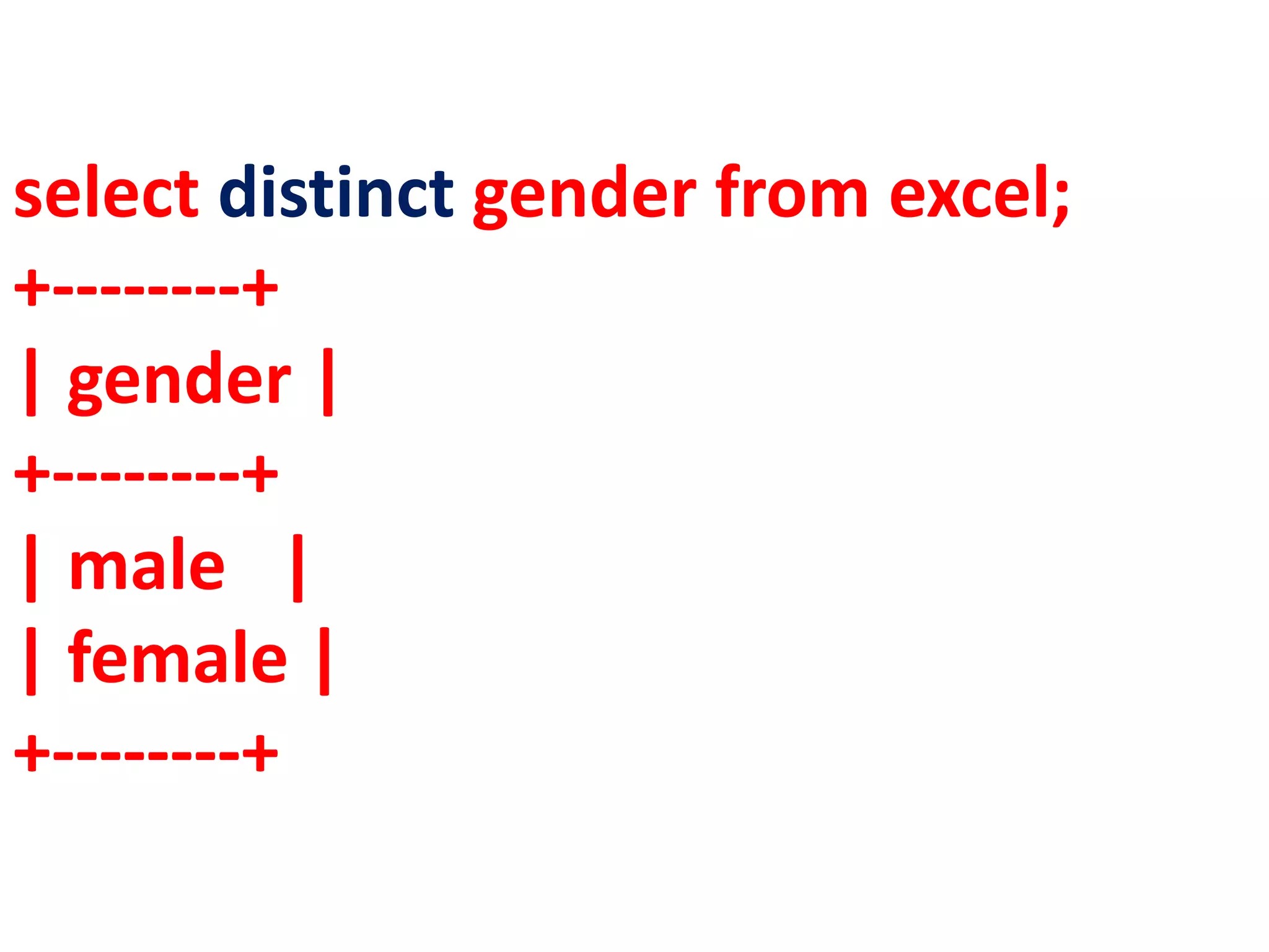 select distinct gender from excel;
+--------+
| gender |
+--------+
| male |
| female |
+--------+
 