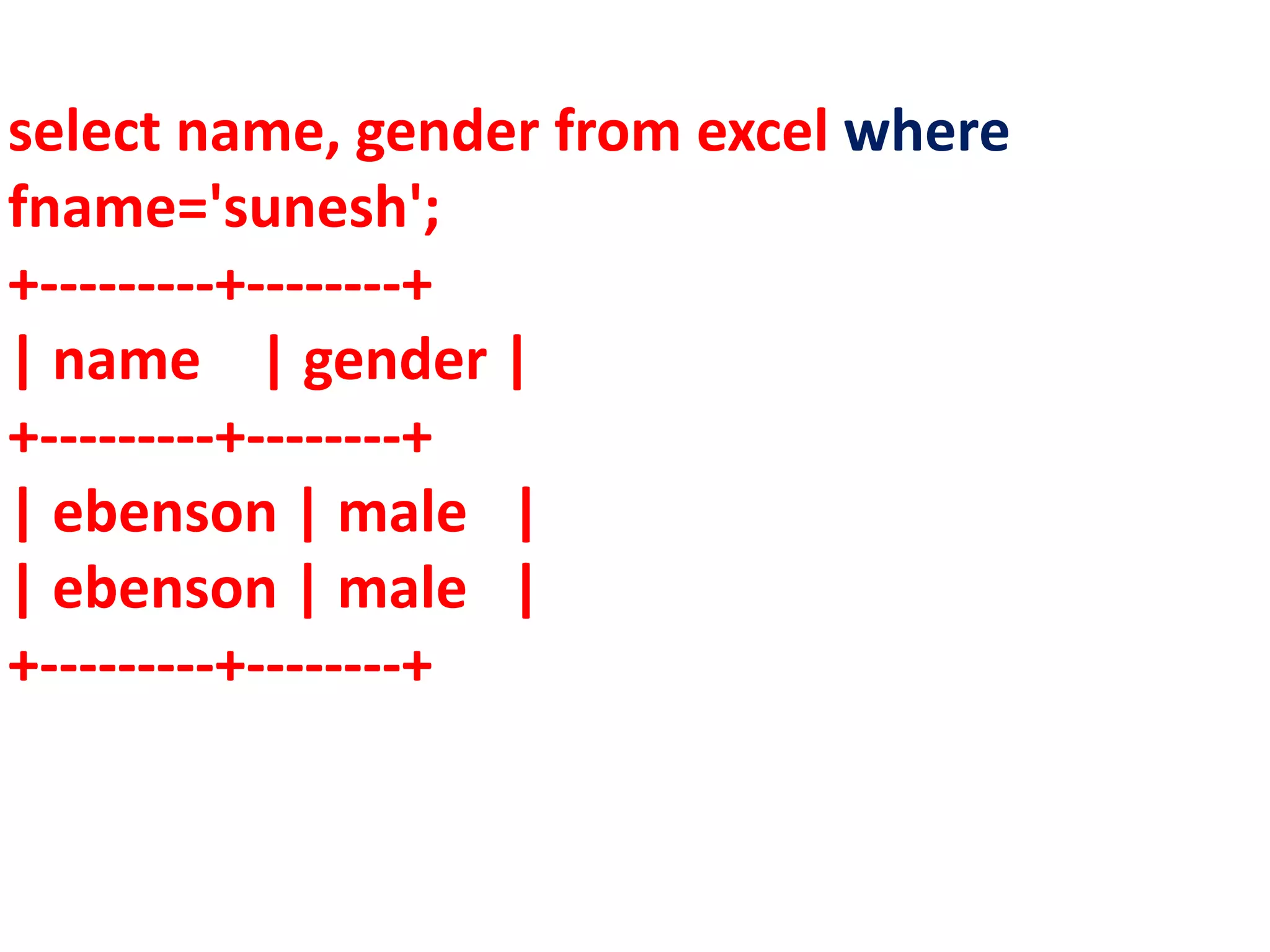 select name, gender from excel where
fname='sunesh';
+---------+--------+
| name | gender |
+---------+--------+
| ebenson | male |
| ebenson | male |
+---------+--------+
 