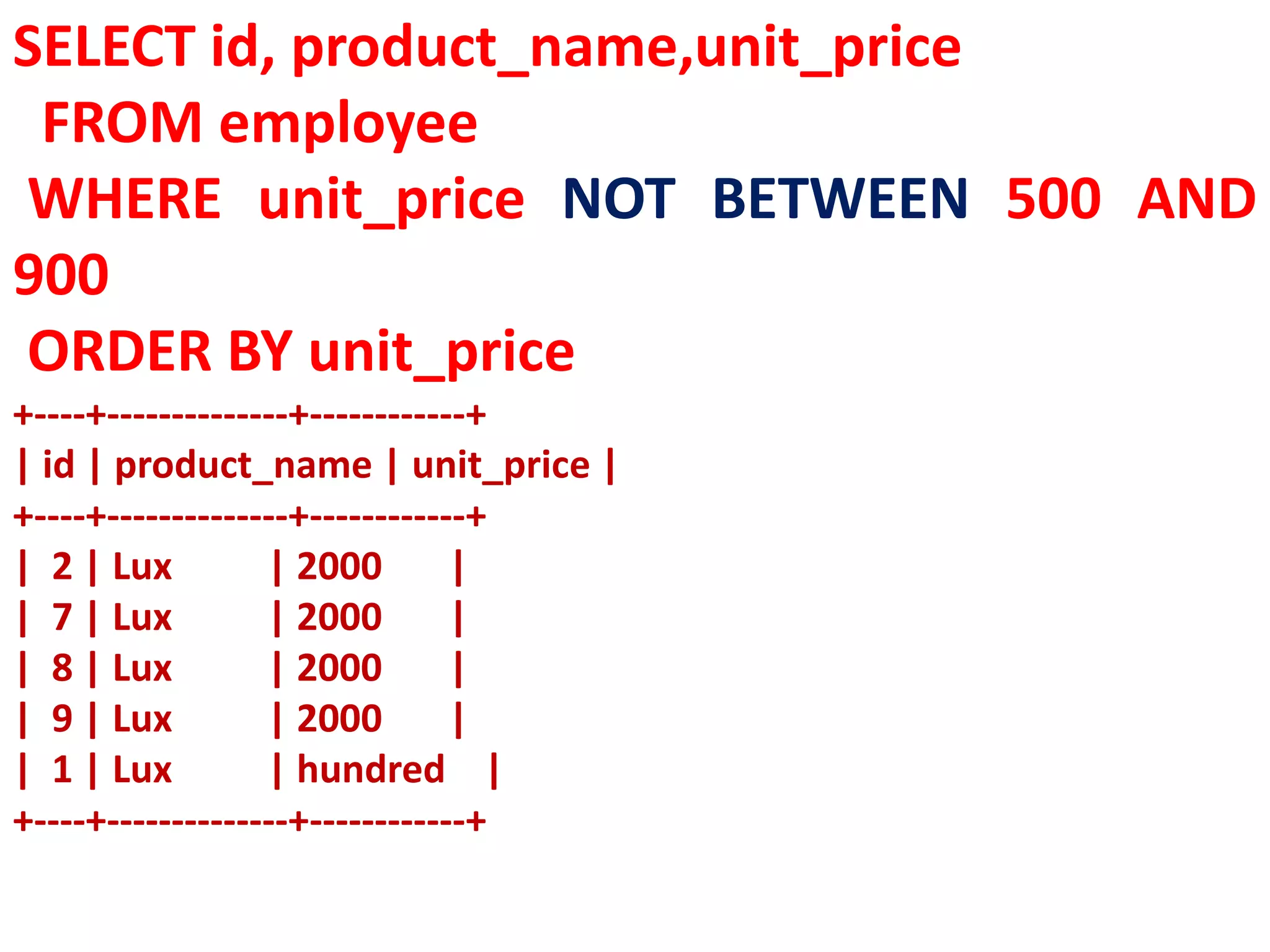SELECT id, product_name,unit_price
FROM employee
WHERE unit_price NOT BETWEEN 500 AND
900
ORDER BY unit_price
+----+--------------+------------+
| id | product_name | unit_price |
+----+--------------+------------+
| 2 | Lux | 2000 |
| 7 | Lux | 2000 |
| 8 | Lux | 2000 |
| 9 | Lux | 2000 |
| 1 | Lux | hundred |
+----+--------------+------------+
 