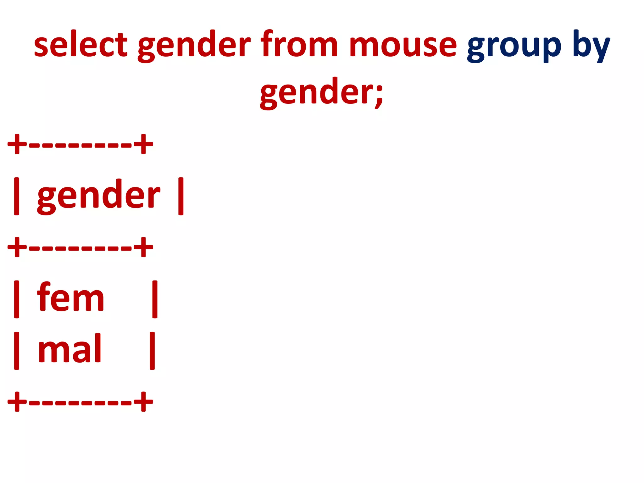 +--------+
| gender |
+--------+
| fem |
| mal |
+--------+
select gender from mouse group by
gender;
 