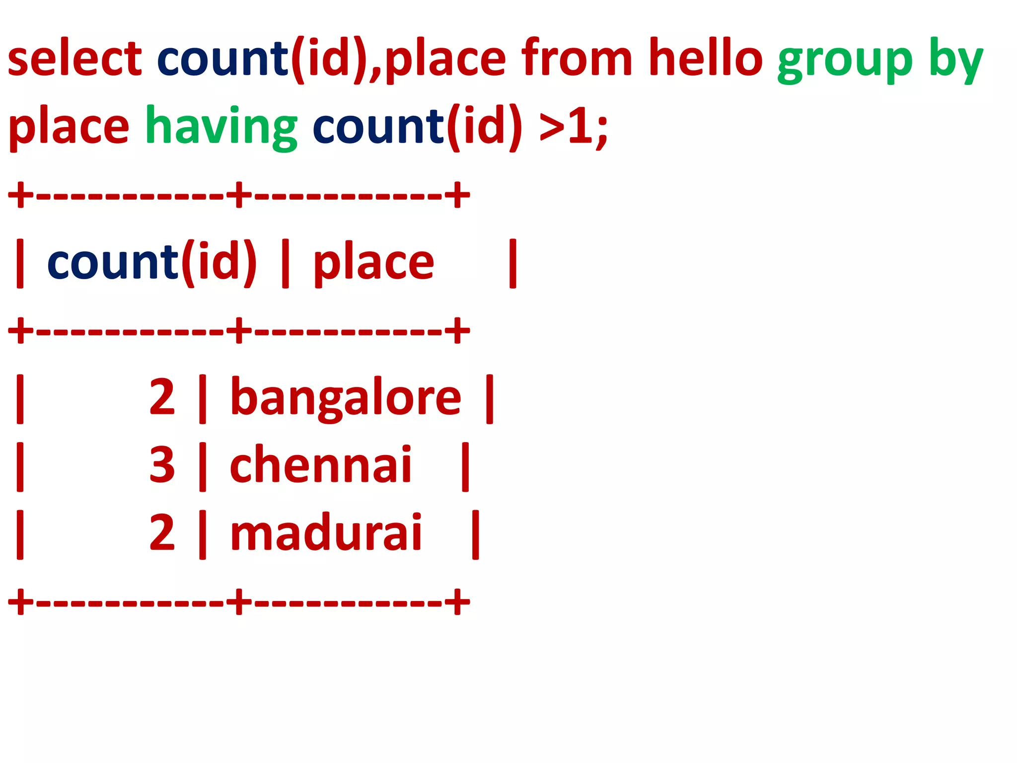 select count(id),place from hello group by
place having count(id) >1;
+-----------+-----------+
| count(id) | place |
+-----------+-----------+
| 2 | bangalore |
| 3 | chennai |
| 2 | madurai |
+-----------+-----------+
 
