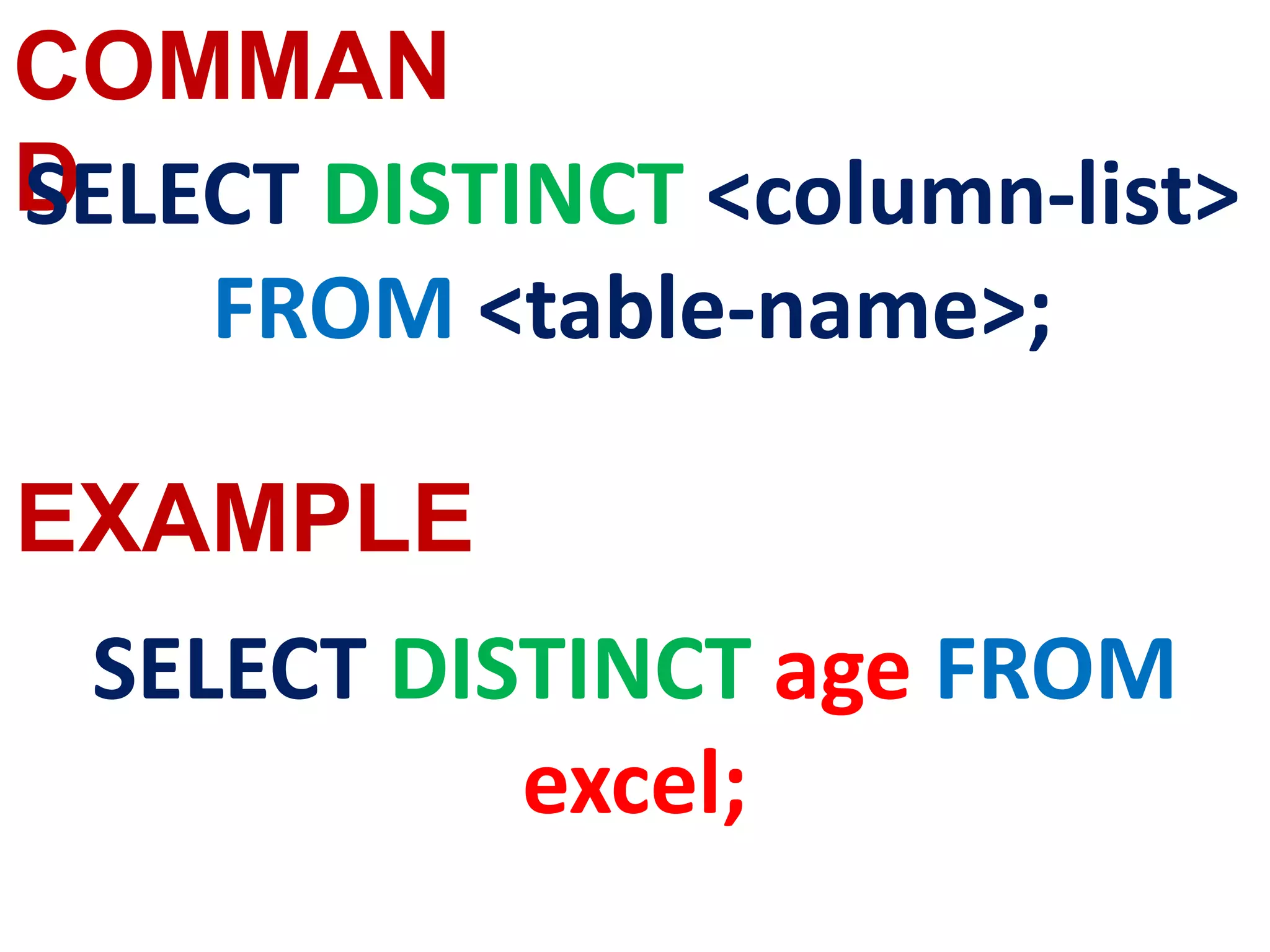 COMMAN
D
EXAMPLE
SELECT DISTINCT <column-list>
FROM <table-name>;
SELECT DISTINCT age FROM
excel;
 