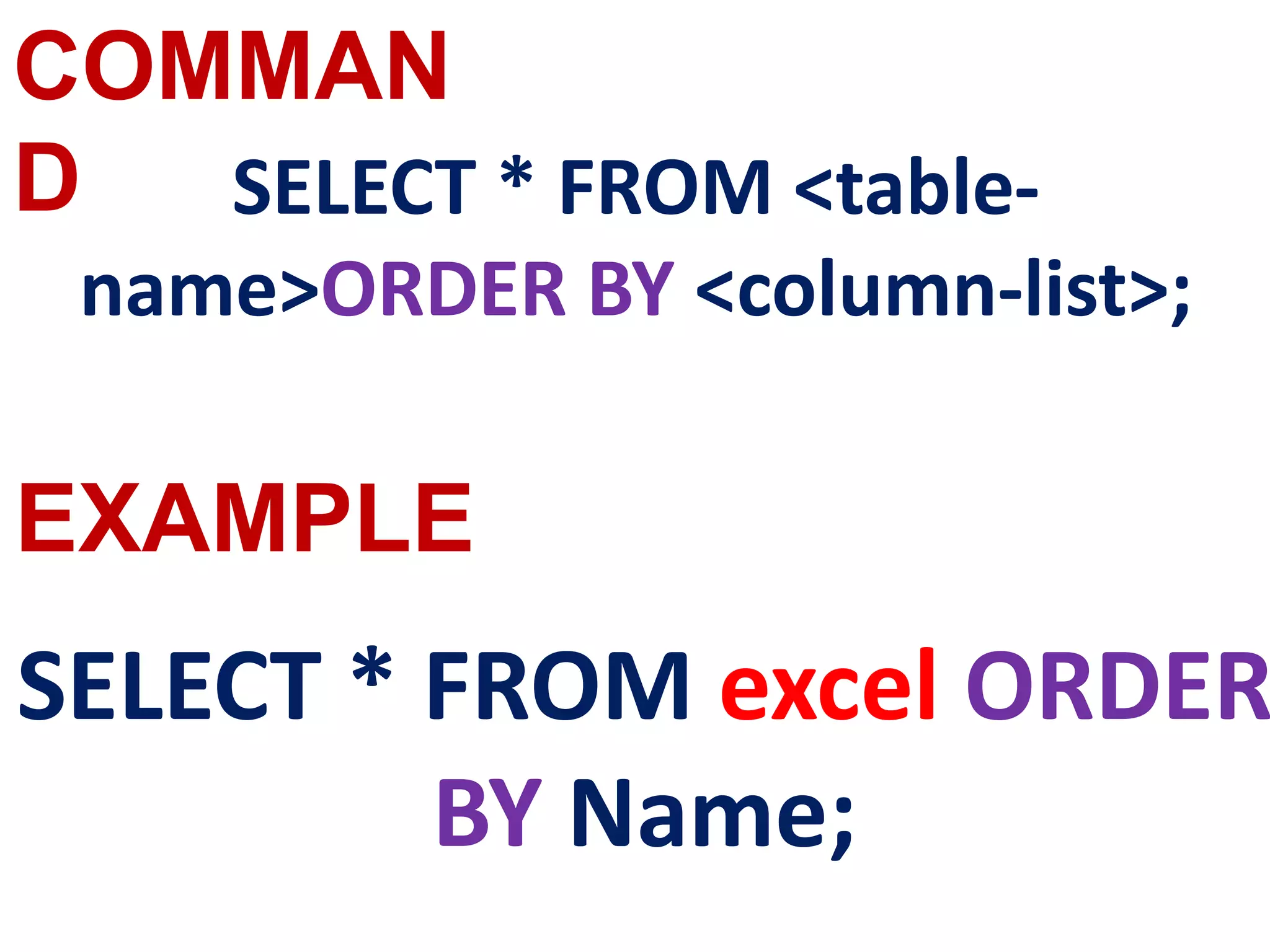 COMMAN
D
EXAMPLE
SELECT * FROM <table-
name>ORDER BY <column-list>;
SELECT * FROM excel ORDER
BY Name;
 