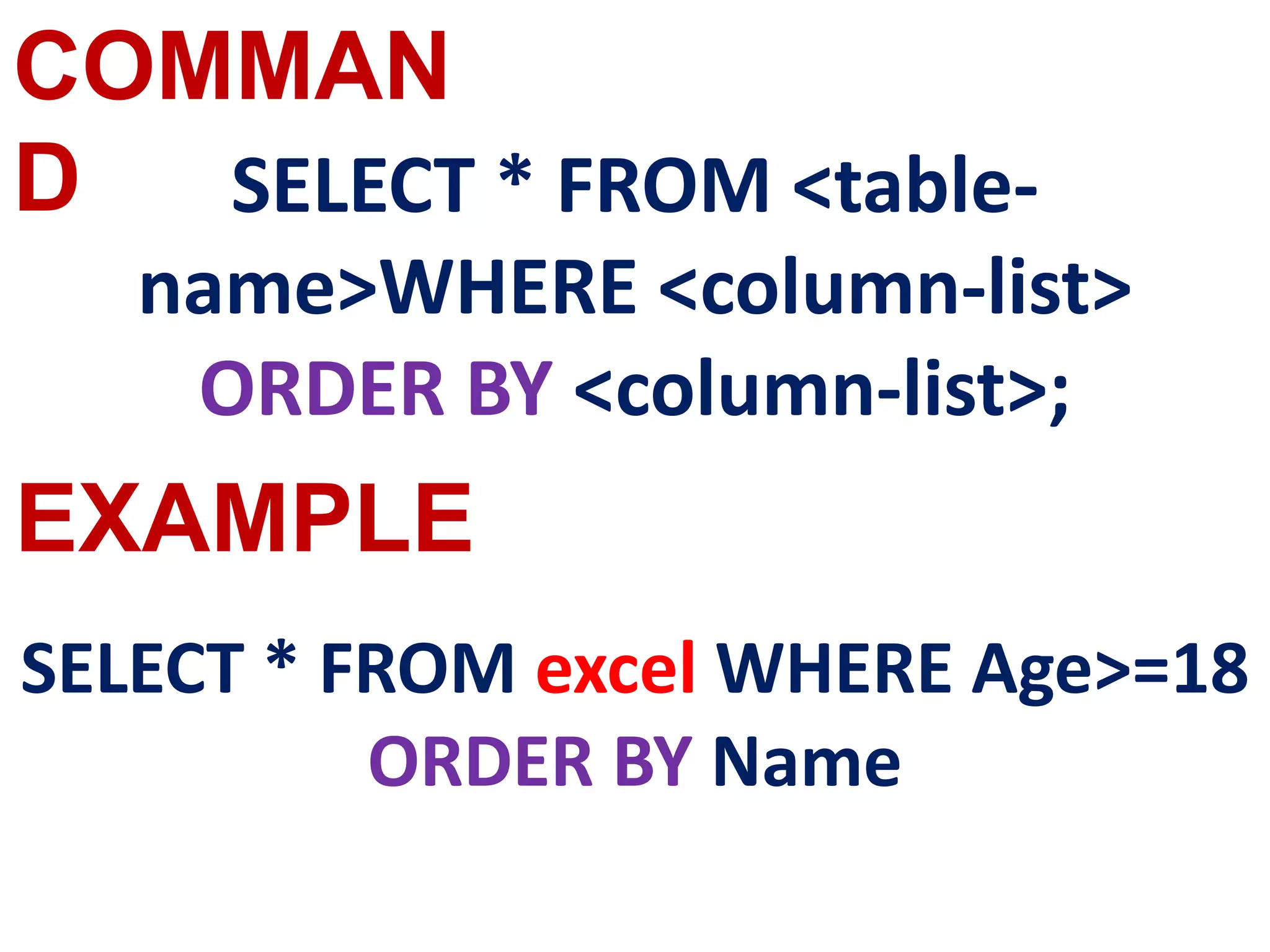 COMMAN
D
EXAMPLE
SELECT * FROM <table-
name>WHERE <column-list>
ORDER BY <column-list>;
SELECT * FROM excel WHERE Age>=18
ORDER BY Name
 