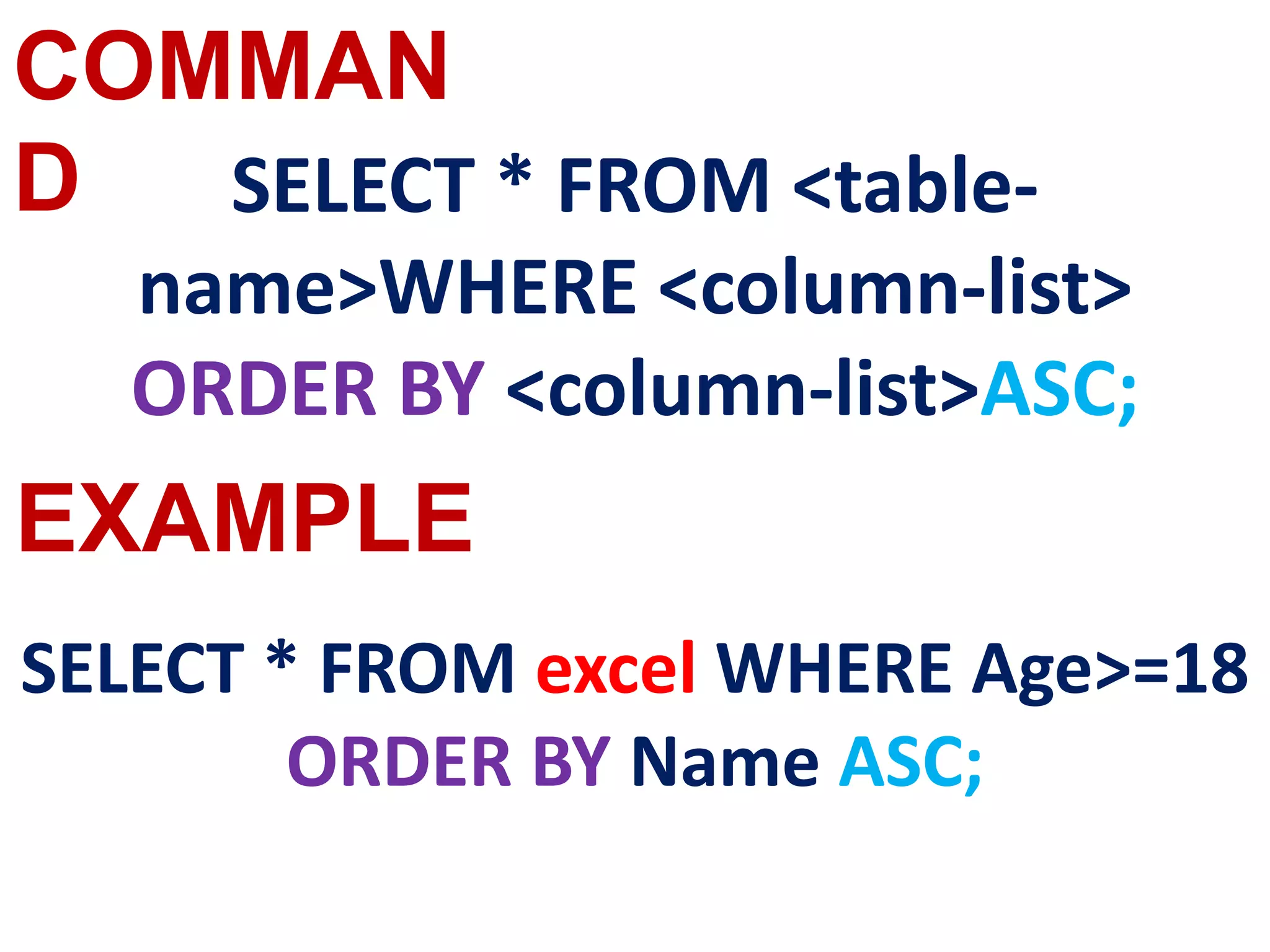 COMMAN
D
EXAMPLE
SELECT * FROM <table-
name>WHERE <column-list>
ORDER BY <column-list>ASC;
SELECT * FROM excel WHERE Age>=18
ORDER BY Name ASC;
 
