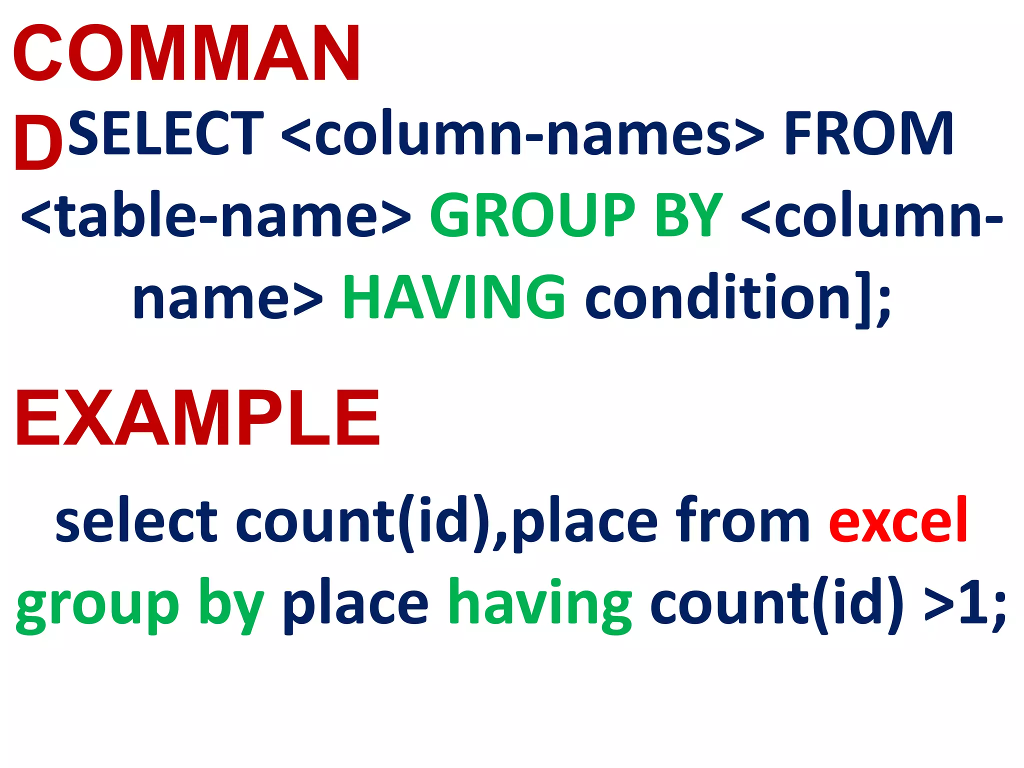 COMMAN
D
EXAMPLE
SELECT <column-names> FROM
<table-name> GROUP BY <column-
name> HAVING condition];
select count(id),place from excel
group by place having count(id) >1;
 