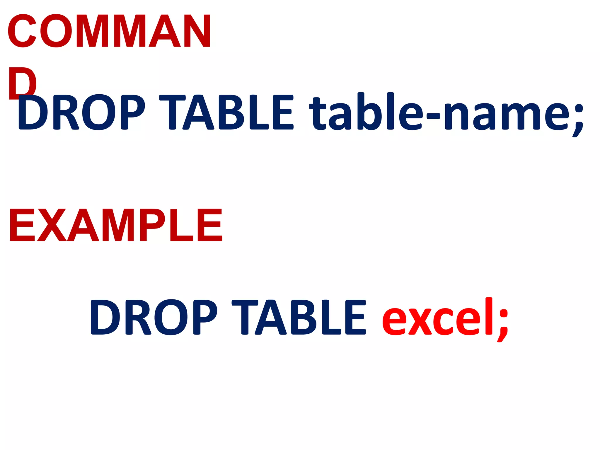 COMMAN
D
EXAMPLE
DROP TABLE table-name;
DROP TABLE excel;
 