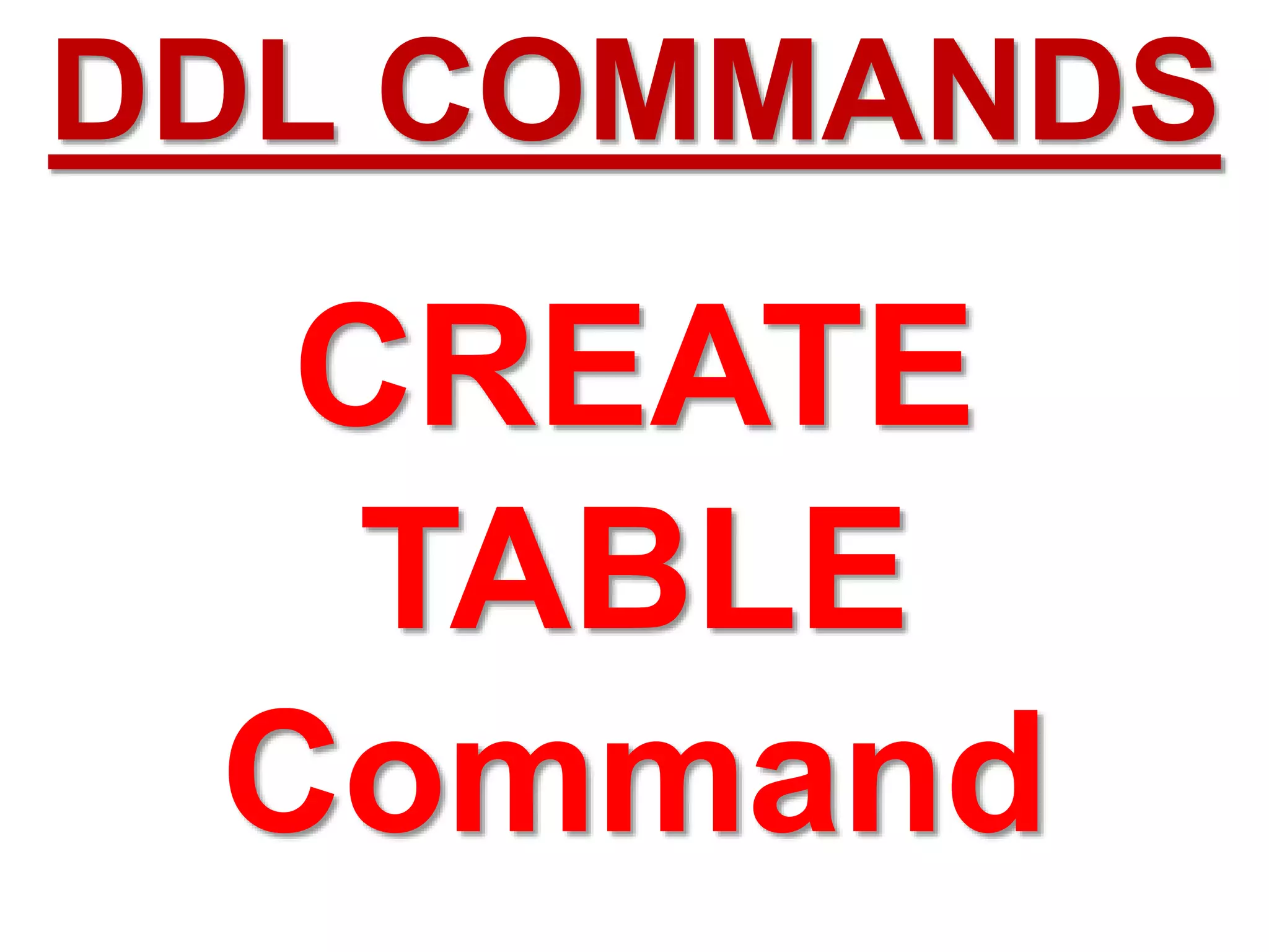 CREATE
TABLE
Command
DDL COMMANDS
 