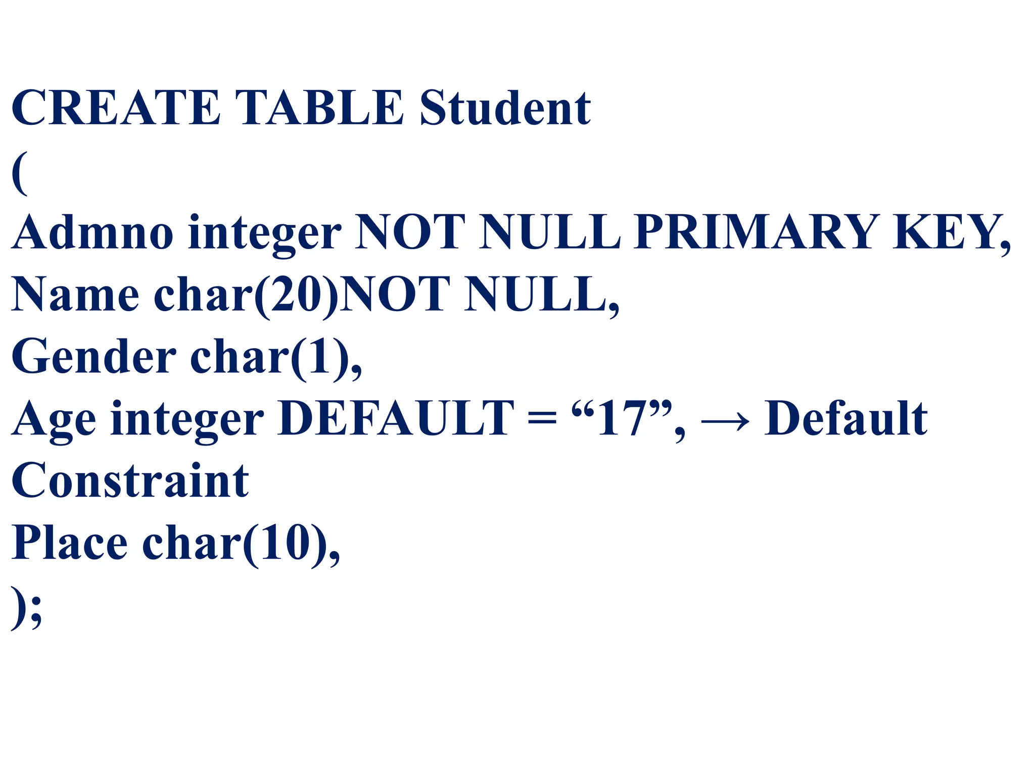 CREATE TABLE Student
(
Admno integer NOT NULL PRIMARY KEY,
Name char(20)NOT NULL,
Gender char(1),
Age integer DEFAULT = “17”, → Default
Constraint
Place char(10),
);
 