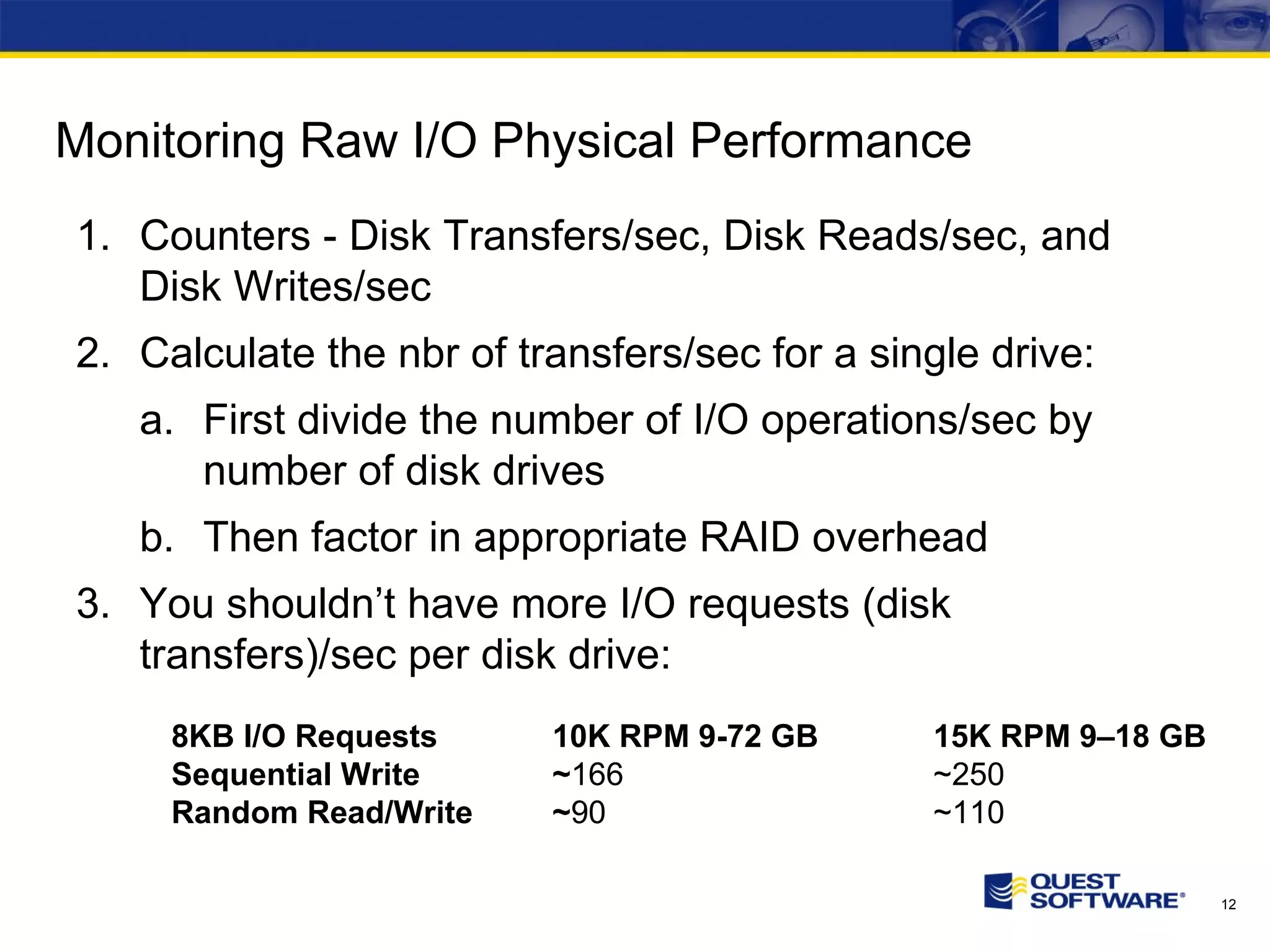 Monitoring Raw I/O Physical Performance Counters - Disk Transfers/sec, Disk Reads/sec, and Disk Writes/sec Calculate the nbr of transfers/sec for a single drive: First divide the number of I/O operations/sec by number of disk drives Then factor in appropriate RAID overhead You shouldn’t have more I/O requests (disk transfers)/sec per disk drive: 8KB I/O Requests 10K RPM 9-72 GB 15K RPM 9–18 GB Sequential Write ~ 166 ~250 Random Read/Write ~ 90 ~110 