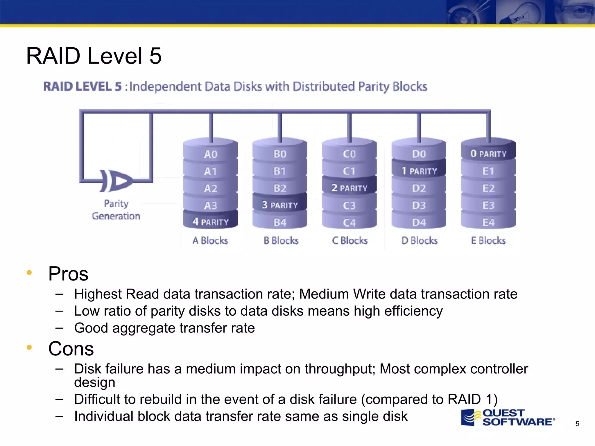 RAID Level 5 Pros Highest Read data transaction rate; Medium Write data transaction rate Low ratio of parity disks to data disks means high efficiency Good aggregate transfer rate Cons Disk failure has a medium impact on throughput; Most complex controller design Difficult to rebuild in the event of a disk failure (compared to RAID 1) Individual block data transfer rate same as single disk 