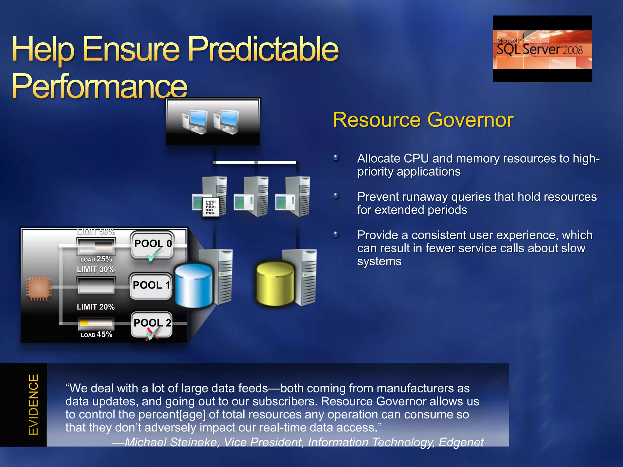 Resource Governor
                                                    Allocate CPU and memory resources to high-
                                                    priority applications

                         1100101
                         00101
                                                    Prevent runaway queries that hold resources
                         1100101
                         00101
                         110010                     for extended periods
  LIMIT 50%
                                                    Provide a consistent user experience, which
              POOL 0                                can result in fewer service calls about slow
   LOAD 25%
                                                    systems
  LIMIT 30%

              POOL 1

  LIMIT 20%

              POOL 2
       15%
  LOAD 45%




―We deal with a lot of large data feeds—both coming from manufacturers as
data updates, and going out to our subscribers. Resource Governor allows us
to control the percent[age] of total resources any operation can consume so
that they don’t adversely impact our real-time data access.‖
         —Michael Steineke, Vice President, Information Technology, Edgenet
 
