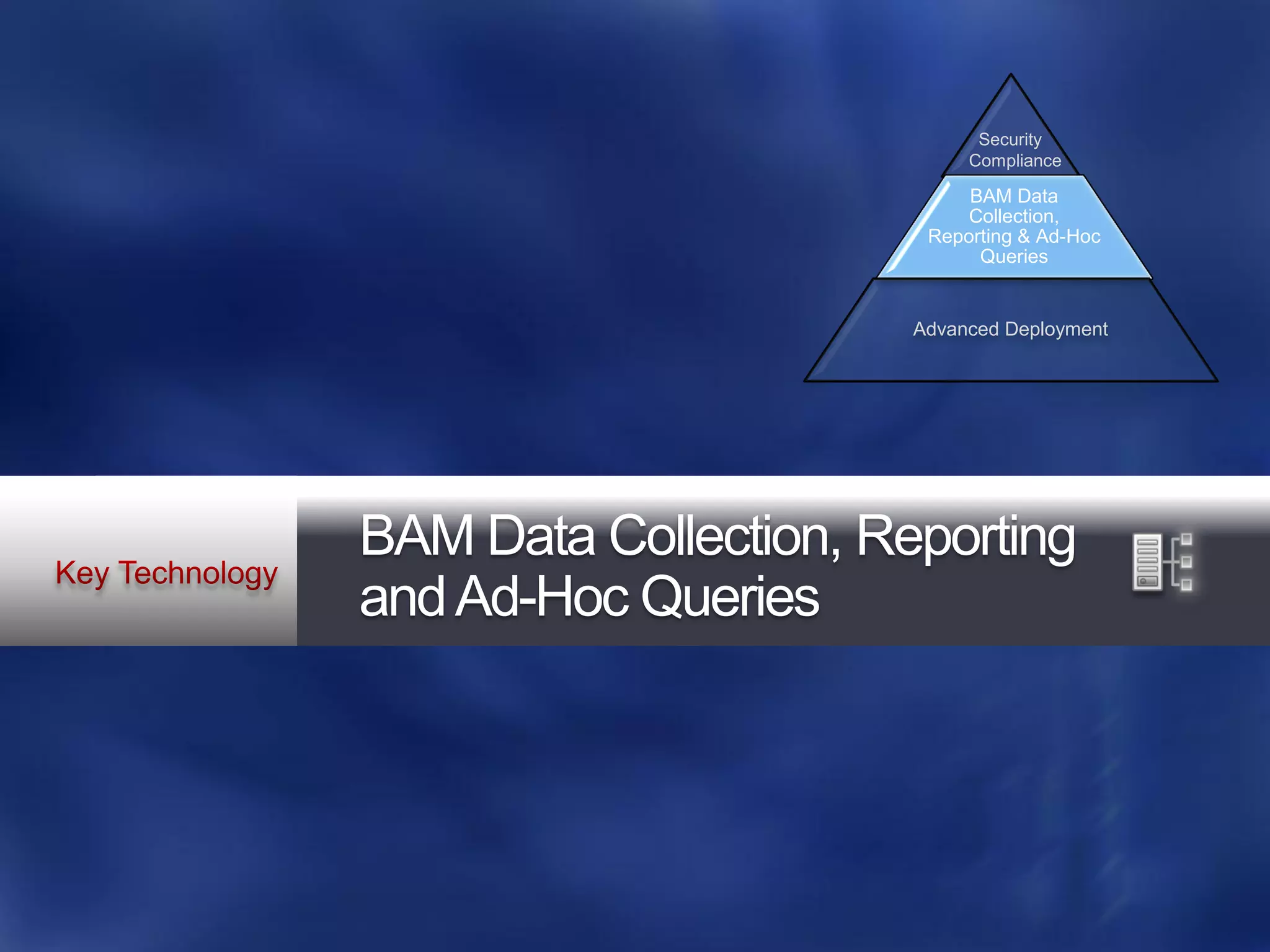 Security
                            Compliance

                            BAM Data
                            Collection,
                        Reporting & Ad-Hoc
                             Queries


                       Advanced Deployment




BAM Data Collection, Reporting
and Ad-Hoc Queries
 