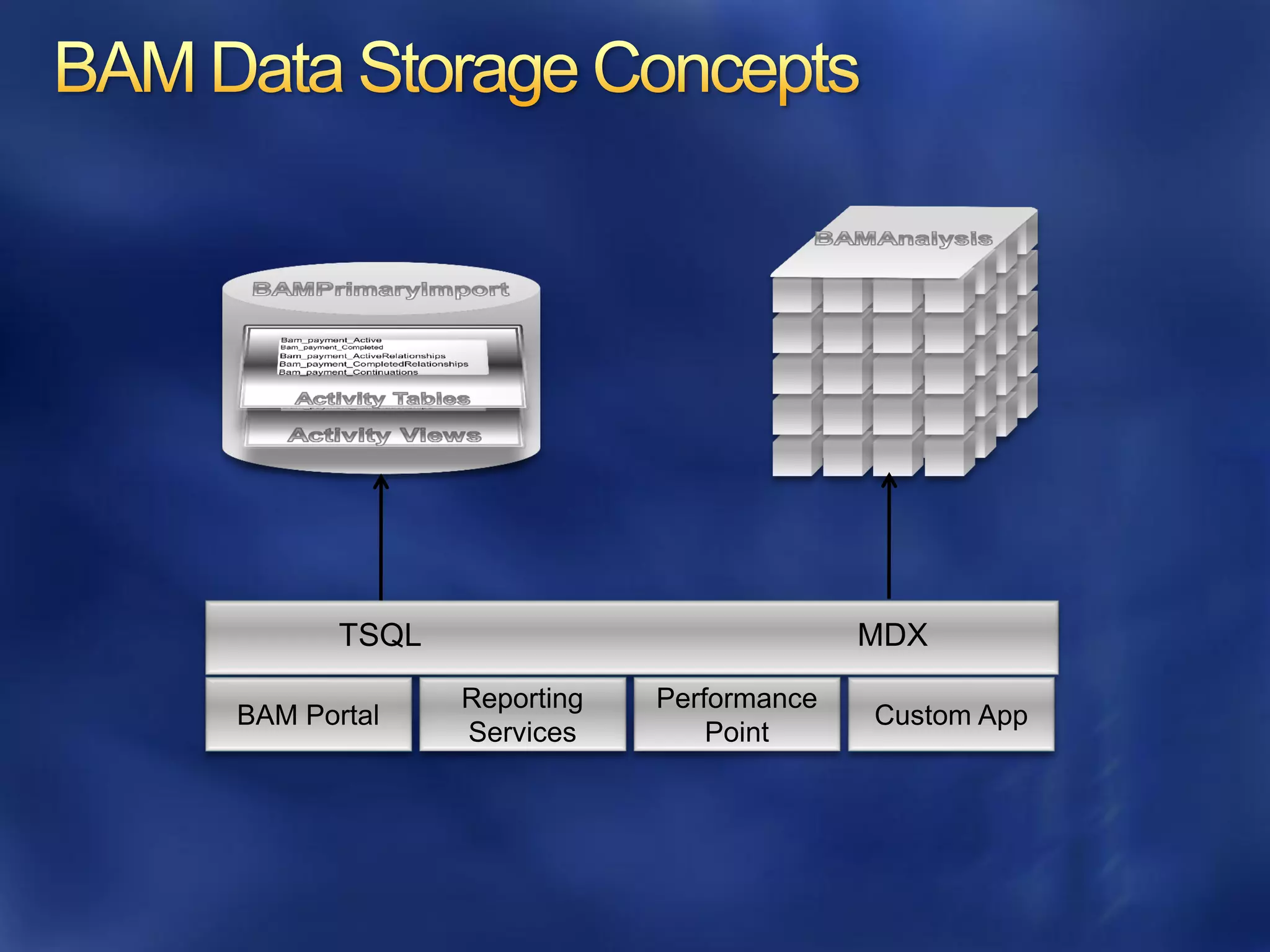 TSQL                             MDX
              Reporting   Performance
BAM Portal                              Custom App
              Services        Point
 