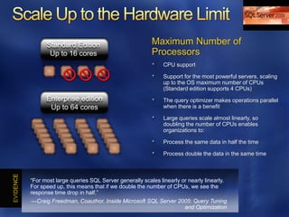 Standard Edition                            Maximum Number of
       Up to 16 cores                             Processors
                                                       CPU support

                                                       Support for the most powerful servers, scaling
                                                       up to the OS maximum number of CPUs
                                                       (Standard edition supports 4 CPUs)
      Enterprise edition                               The query optimizer makes operations parallel
       Up to 64 cores                                  when there is a benefit

                                                       Large queries scale almost linearly, so
                                                       doubling the number of CPUs enables
                                                       organizations to:

                                                       Process the same data in half the time

                                                       Process double the data in the same time



―For most large queries SQL Server generally scales linearly or nearly linearly.
For speed up, this means that if we double the number of CPUs, we see the
response time drop in half.‖
—Craig Freedman, Coauthor, Inside Microsoft SQL Server 2005: Query Tuning
                                                         and Optimization
 