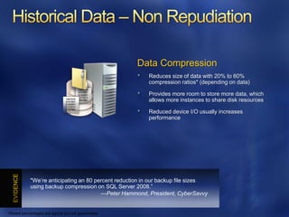 Data Compression
                                                         Reduces size of data with 20% to 60%
                                                         compression ratios* (depending on data)
                                          1001010
                                          0101001
                                          0100001        Provides more room to store more data, which
                                          1111011
                                1001010
                                0101001
                                          0101001        allows more instances to share disk resources
                                0100001
                                1111011
                                0101001
                                                         Reduced device I/O usually increases
                                                         performance




            "We’re anticipating an 80 percent reduction in our backup file sizes
            using backup compression on SQL Server 2008.‖
                                        —Peter Hammond, President, CyberSavvy


*Stated percentages are typical but not guaranteed
 