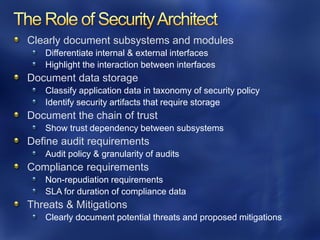 Clearly document subsystems and modules
   Differentiate internal & external interfaces
   Highlight the interaction between interfaces
Document data storage
   Classify application data in taxonomy of security policy
   Identify security artifacts that require storage
Document the chain of trust
   Show trust dependency between subsystems
Define audit requirements
   Audit policy & granularity of audits
Compliance requirements
   Non-repudiation requirements
   SLA for duration of compliance data
Threats & Mitigations
   Clearly document potential threats and proposed mitigations
 