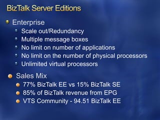 Enterprise
  Scale out/Redundancy
  Multiple message boxes
  No limit on number of applications
  No limit on the number of physical processors
  Unlimited virtual processors
 Sales Mix
 