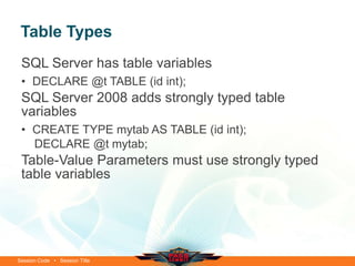Table Types
 SQL Server has table variables
 • DECLARE @t TABLE (id int);
 SQL Server 2008 adds strongly typed table
 variables
 • CREATE TYPE mytab AS TABLE (id int);
   DECLARE @t mytab;
 Table-Value Parameters must use strongly typed
 table variables




Session Code • Session Title
 