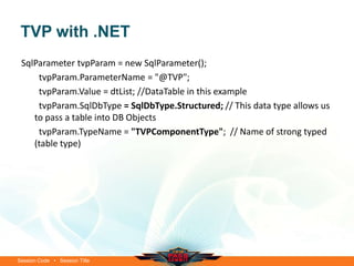 TVP with .NET
 SqlParameter tvpParam = new SqlParameter();
     tvpParam.ParameterName = "@TVP";
     tvpParam.Value = dtList; //DataTable in this example
     tvpParam.SqlDbType = SqlDbType.Structured; // This data type allows us
    to pass a table into DB Objects
     tvpParam.TypeName = "TVPComponentType"; // Name of strong typed
    (table type)




Session Code • Session Title
 