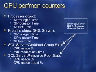 Processor object:
   %Privileged Time
   %Processor Time                New in SQL Server
                                  2008 for Resource
   %User Time                      Governor feature
Process object (SQL Server):
   %Privileged Time
   %Processor Time
   %User Time
SQL Server:Workload Group Stats
   CPU usage %
   Max request cpu time
SQL Server:Resource Pool Stats
   CPU usage %
   CPU usage target %
 