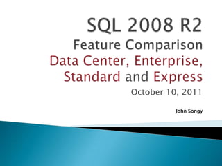 SQL 2008 R2 Feature Comparison Data Center, Enterprise, Standard and Express October 10, 2011 John Songy 