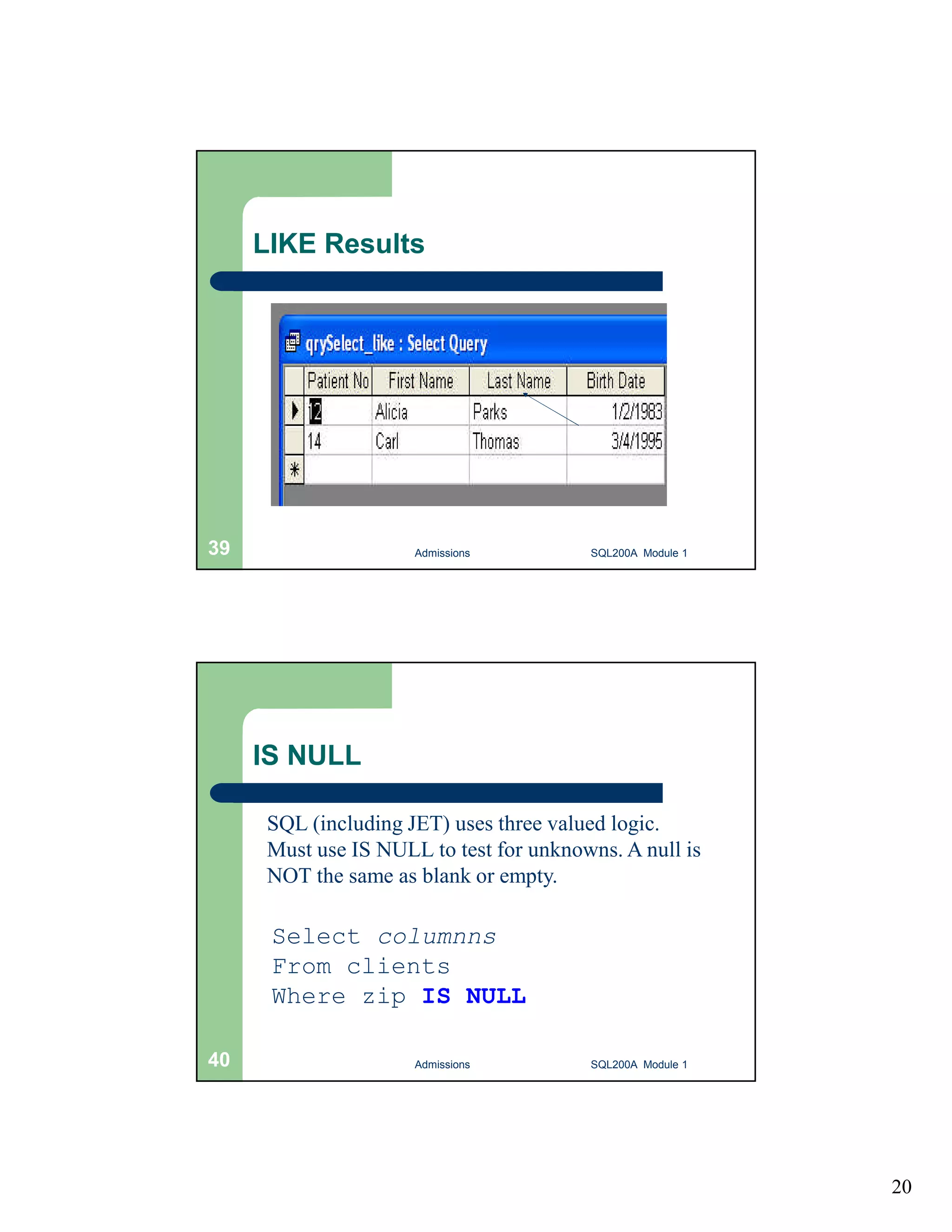 20 LIKE Results Admissions 39 SQL200A Module 1 IS NULL SQL (including JET) uses three valued logic. Must use IS NULL to test for unknowns.A null is NOT the same as blank or empty. Select columnns From clients Where zip IS NULL 40 Admissions SQL200A Module 1 