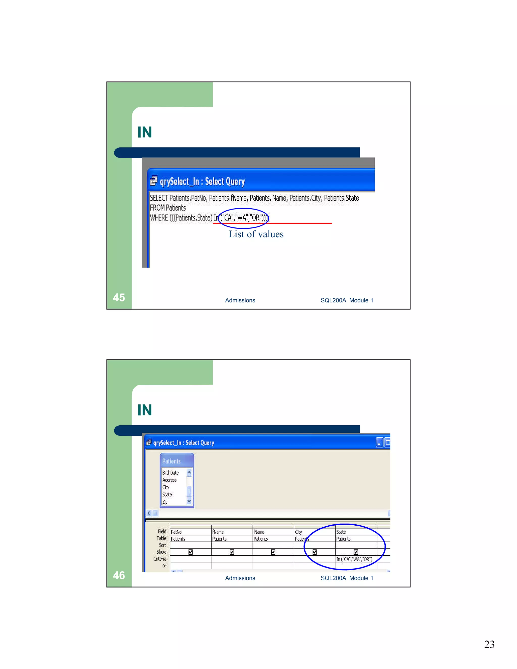 23 IN List of values Admissions 45 SQL200A Module 1 IN 46 Admissions SQL200A Module 1 