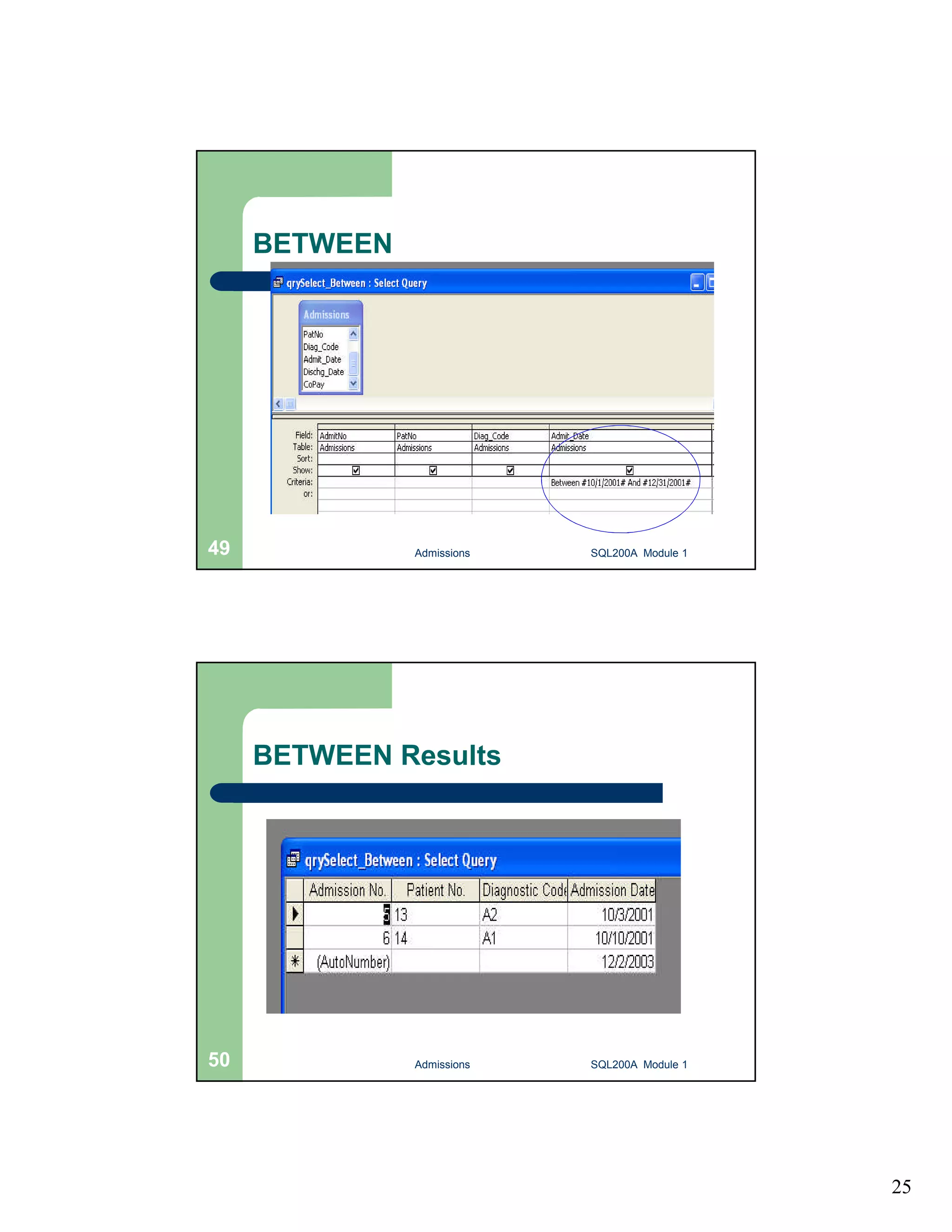 25 BETWEEN Admissions 49 SQL200A Module 1 BETWEEN Results 50 Admissions SQL200A Module 1 
