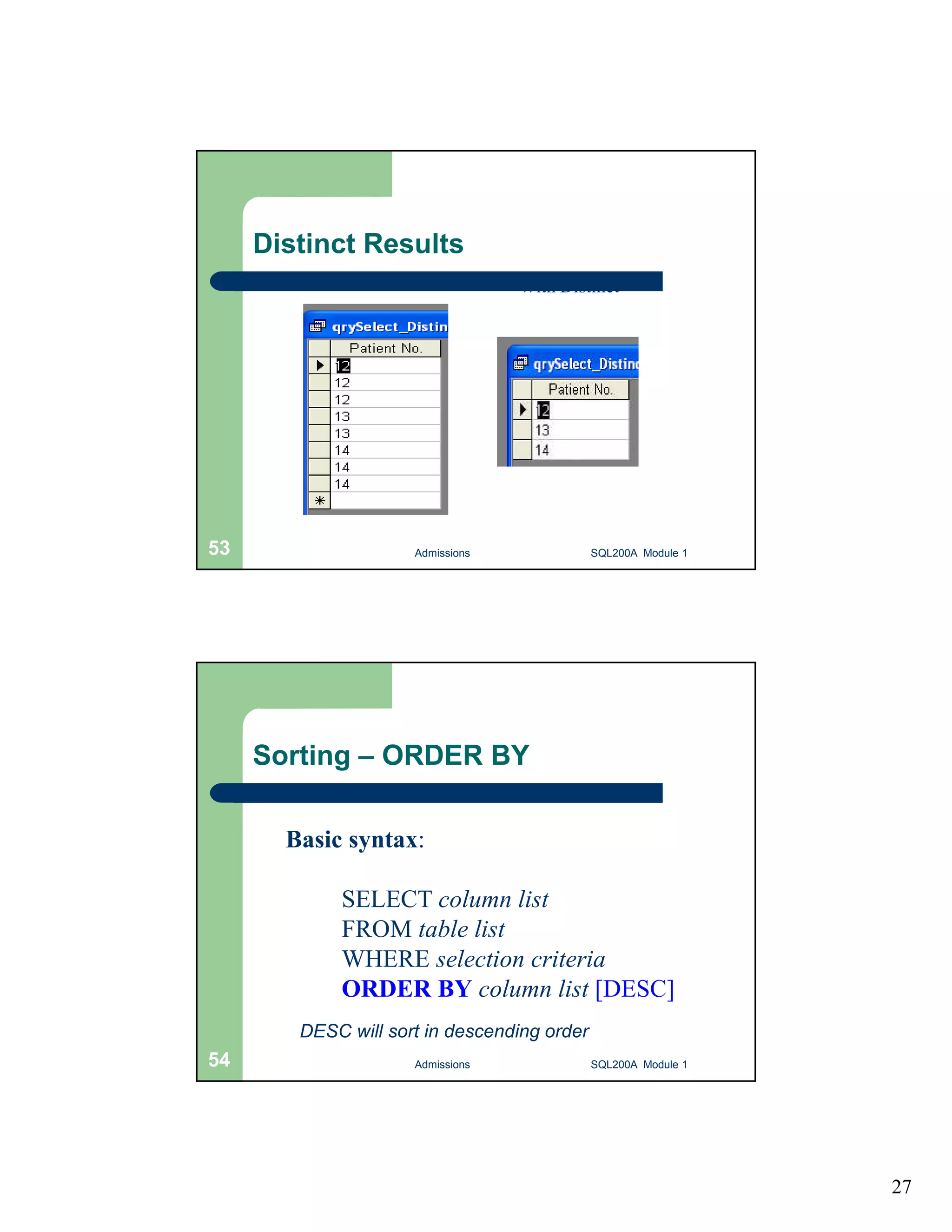 27 Distinct Results W/out Distinct With Distinct Admissions 53 SQL200A Module 1 Sorting – ORDER BY Basic syntax: SELECT column list FROM table list WHERE selection criteria ORDER BY column list [DESC] DESC will sort in descending order 54 Admissions SQL200A Module 1 
