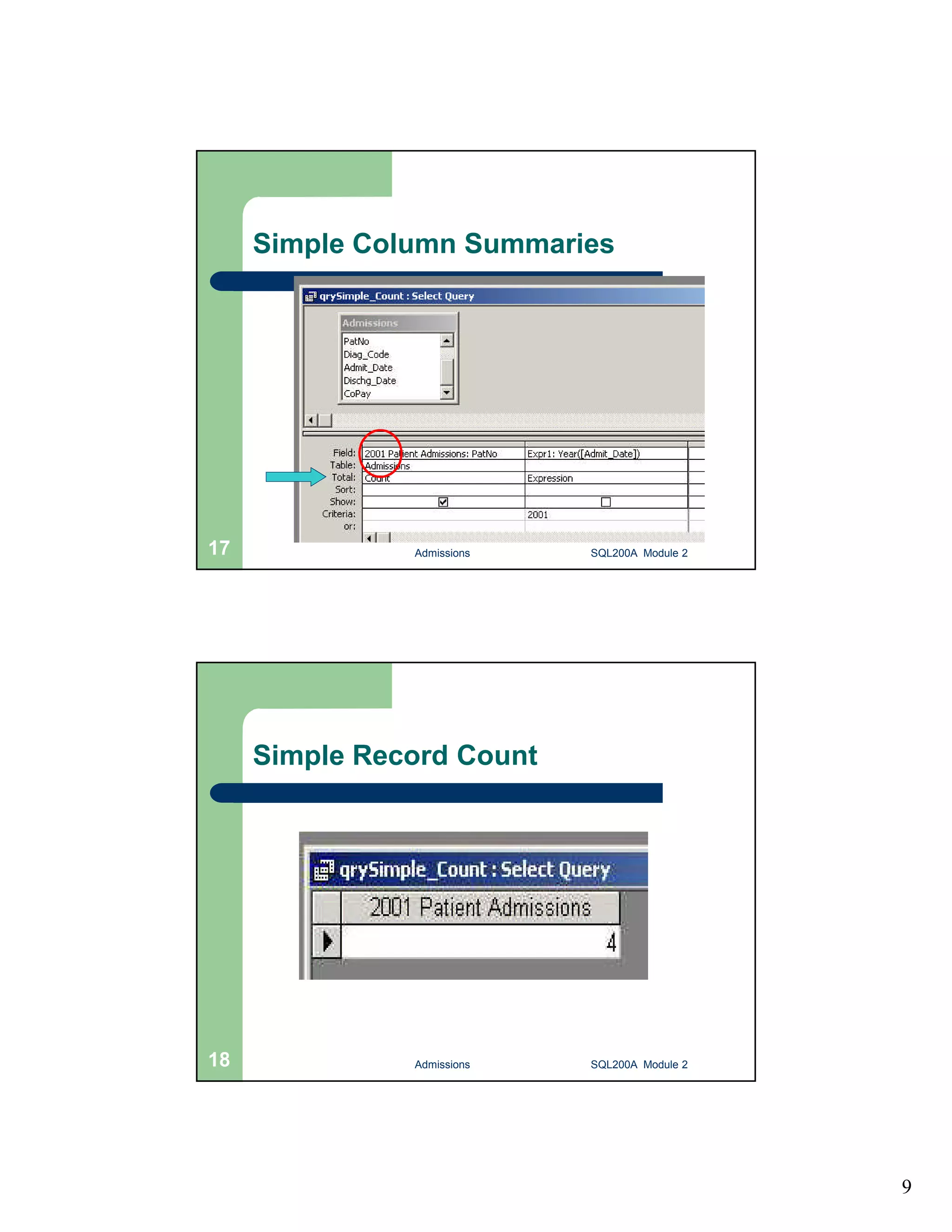 9 Simple Column Summaries Admissions 17 SQL200A Module 2 Simple Record Count 18 Admissions SQL200A Module 2 